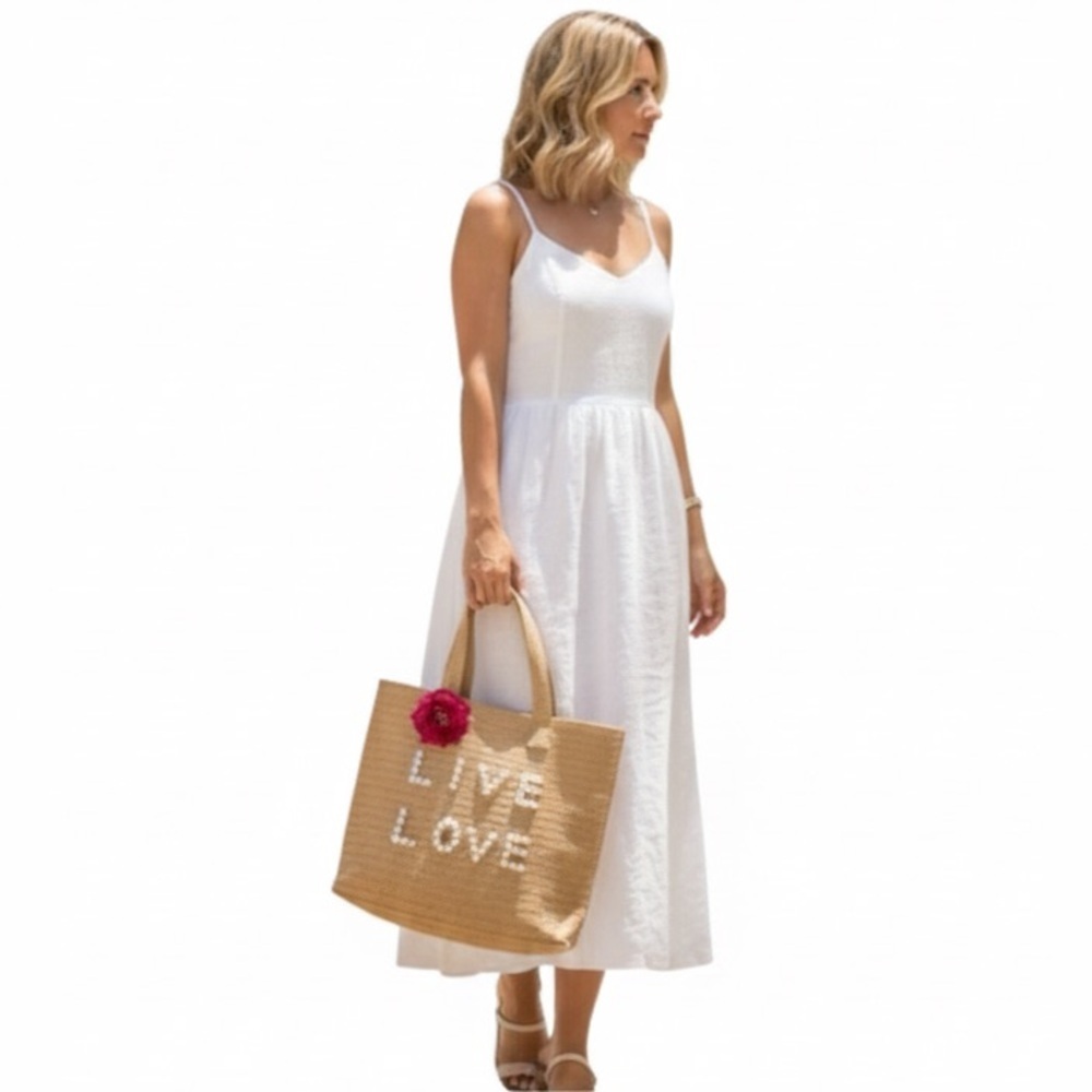 Straw Tote Bag with Pearl Lettering and Floral Accent